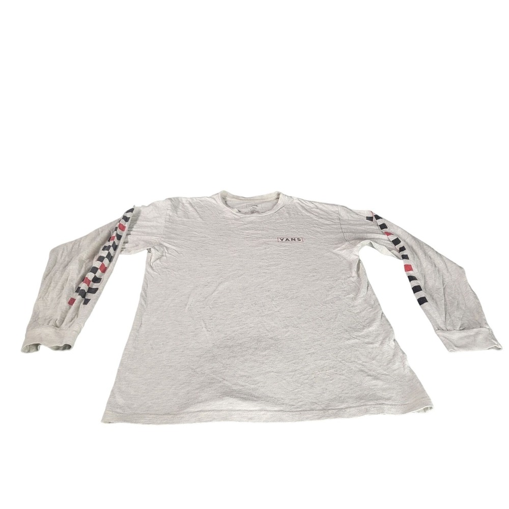 Vans Mens Medium White Long Sleeve T-Shirt Checkered Sleeve Skateboard Graphic